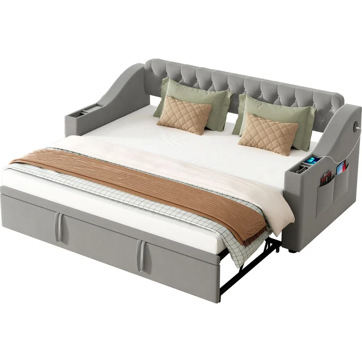 Schlafsofa Samt mit Staufächern & USB-C, 90/180x190 cm grau – Ausziehbares Kingsize Bett, hydraulisch, Sofabett – Bild 7