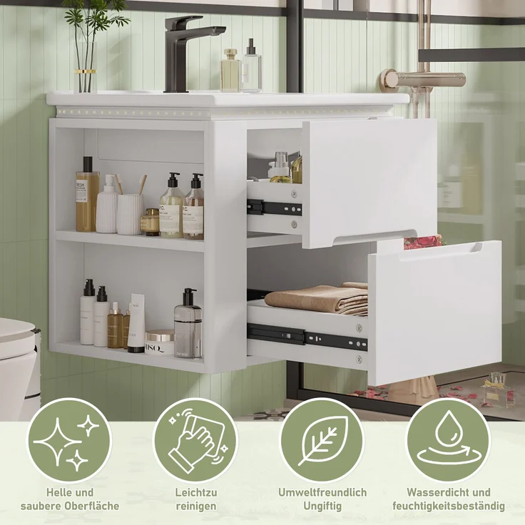 Flieks Waschtisch 61×46×48.5 cm, Wandhängender Badezimmerschrank mit LED, 2 Schubladen, seitliche Ablagen, integriertes Keramikbecken, weiß – Bild 5