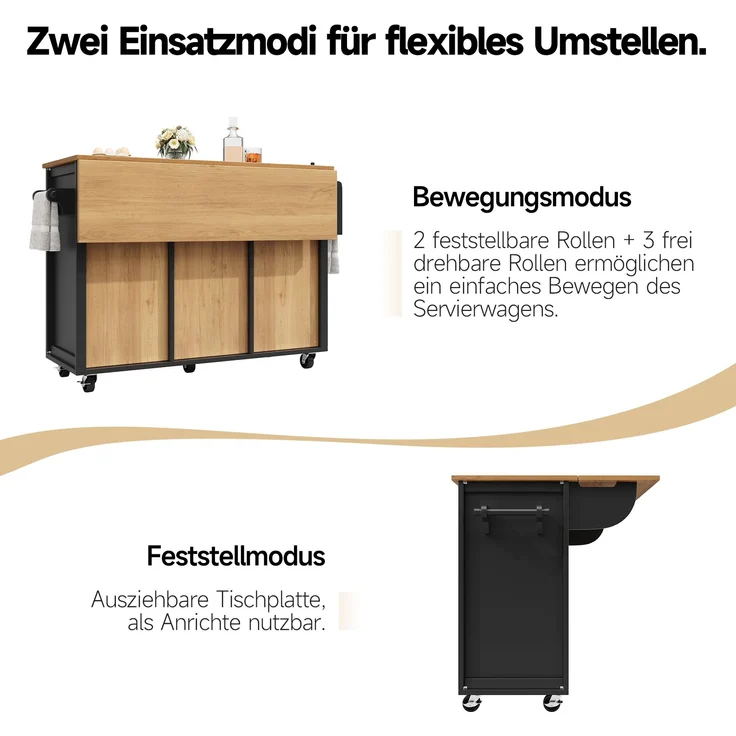 Multifunktionale Kücheninsel Schwarz 137,9×73×92,5 cm, Klapptisch, 4 Schubladen, Glastüren, Handtuch- & Gewürzregale, 92.5cmx137.9cmx45-73cm – Bild 4