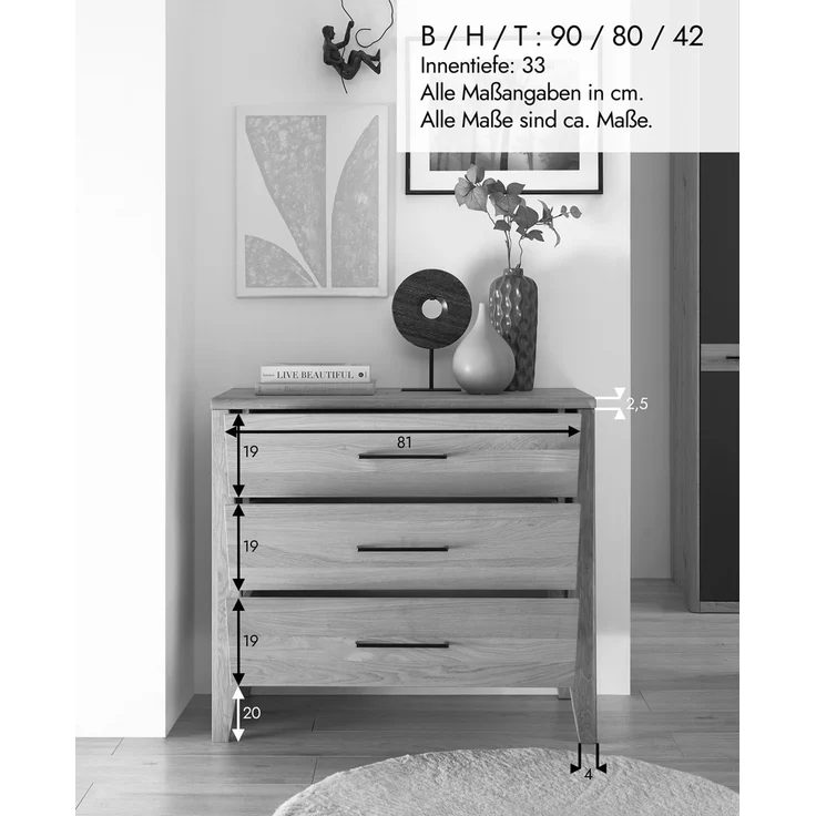 Kommode 90x80cm 'Ancona' Wildeiche teilmassiv geölt – Bild 5