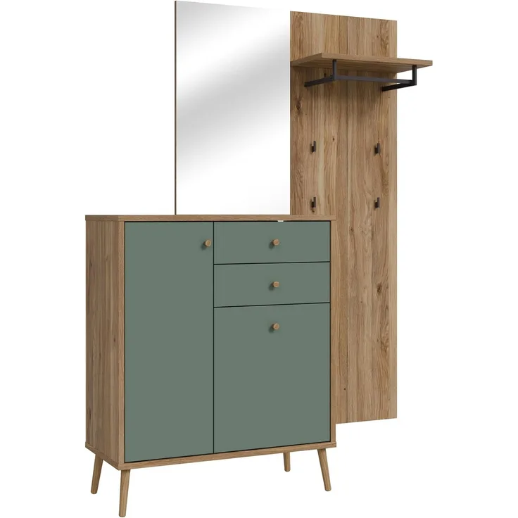 Garderobe Winston / Whenua, Holzwerkstoff, Grün, Holzfarben, 144 x 195 x 42 cm