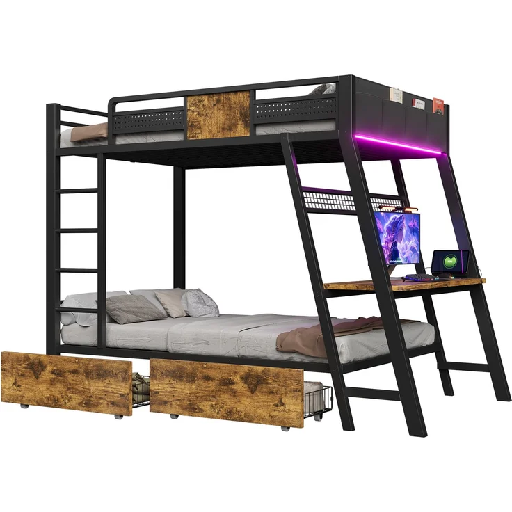 Metall-Etagenbett 90×200cm,integrierter Gaming-Schreibtisch mit Steckdosen, USB- und Type-C-Anschlüssen, mit LED-Lichtband, zwei Aufbewahrungskörben, Jugend-Spielbett, Doppel-Eisenbett, Schwarz – Bild 8