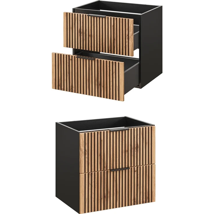 Badmöbel Set schwarz gerillt mit Waschtisch 60 cm, Hochschrank XANTEN-56 in anthrazit mit Eiche Nb, B/H/T: 110/200/46,5 cm – Bild 4