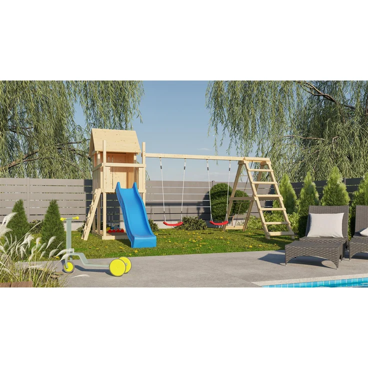 Karibu Kinderspielhaus Frieda Set Aktion2 naturbelassen mit Anbau, Doppelschaukel, Klettergerüst und Rutsche blau – Bild 6
