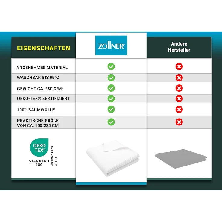 ZOLLNER Tagesdecke/Wohdecke mit Waffelpique, 100% Baumwolle, 150x225 cm, weiß – Bild 5