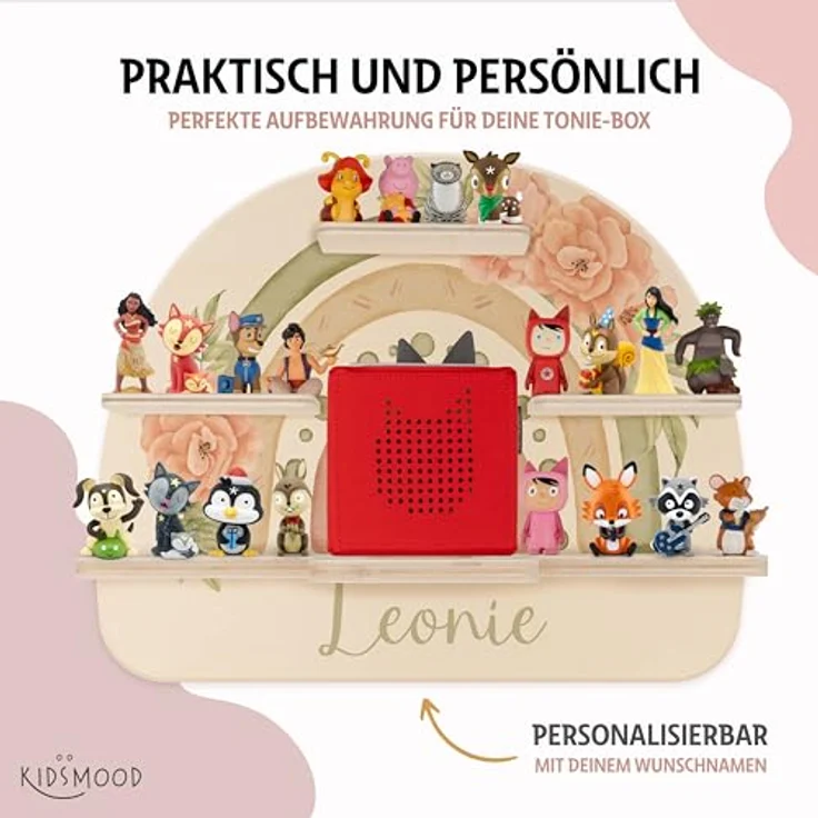 Kidsmood - Tonie Regal Mädchen mit Schutzfolie, Magnetisches Regenbogen Wandregal fürs Kinderzimmer, Aussparung für Ladegerät & Kabel – Geschenk für kleine Prinzessinnen mit Blumen Muster – Bild 6