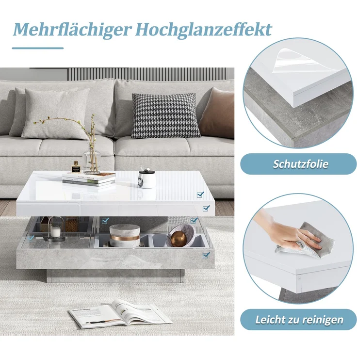 Couchtisch 70 x 70 x 36 cm, moderner Hochglanz-Wohnzimmertisch in Weiß mit marmorfarbenem Sockel – Bild 9