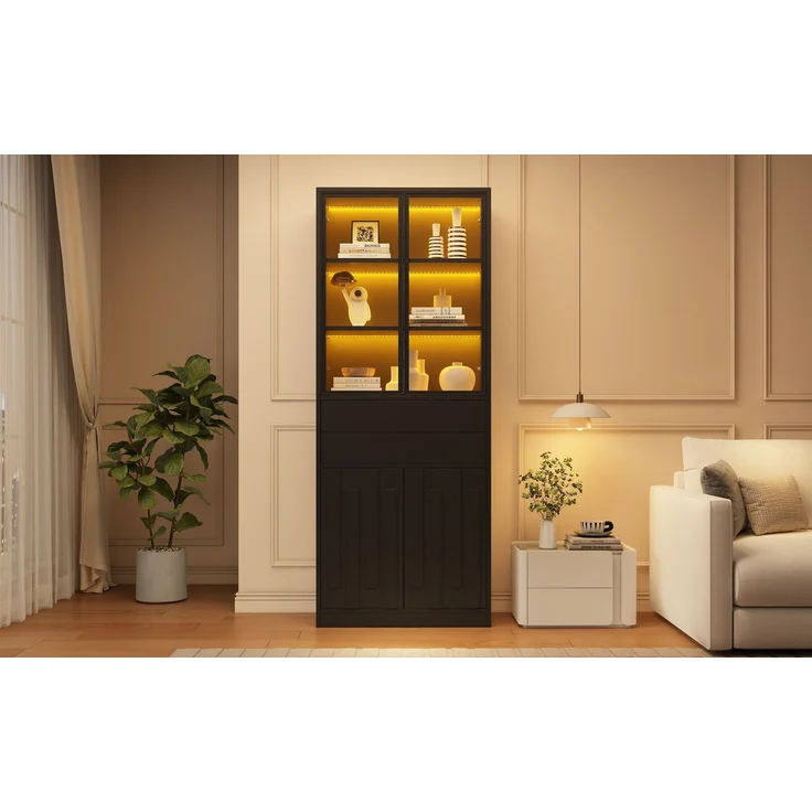 ZUBALIYA Hochschrank mit Glasschranktüren / Hochschrank Glasvitrine mit LED, mit küche und arbeitszimmer, 70 x 34 x 180 cm LED Display Vitrine Mit 2 Schubladen, Schwarz, fürs Wohnzimmer – Bild 4