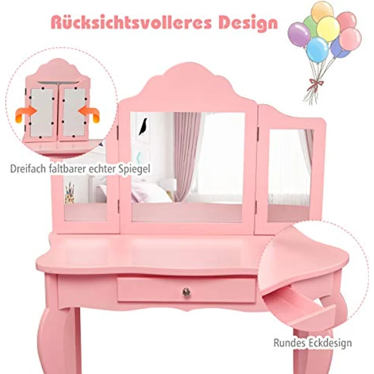 COSTWAY 2 in 1 Kinder Schminktisch mit Hocker, Frisiertisch mit 3-Fach abnehmbarem Spiegel & Schublade, Kosmetiktisch Mädchen Holz, 70 x 34 x 103 cm (Rosa) – Bild 7