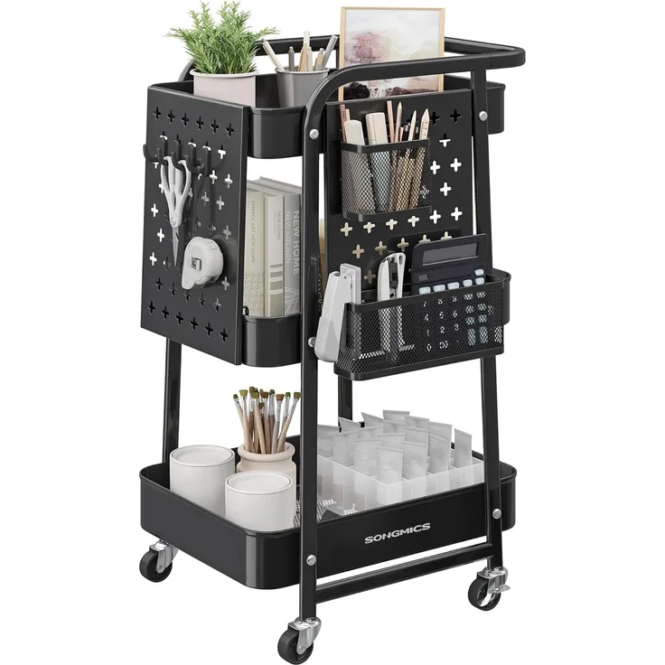 SONGMICS Rollwagen, Küchenwagen, 3 Metallgitterablagen, Servierwagen, 2 abnehmbare Lochplatten, 2 Hängekörbe, 4 Haken, für Büro, Küche, Wohnzimmer, Badezimmer
