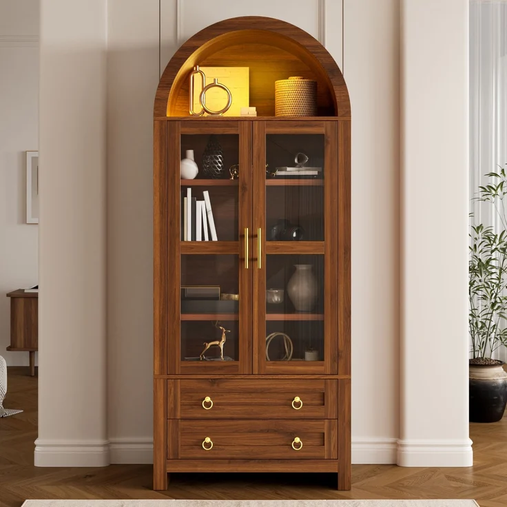 Vitrine 76 x 40 x 180 cm aus MDF und Spanplatte mit Glasfront, LED-Beleuchtung und Retro-Bogen – Bild 4