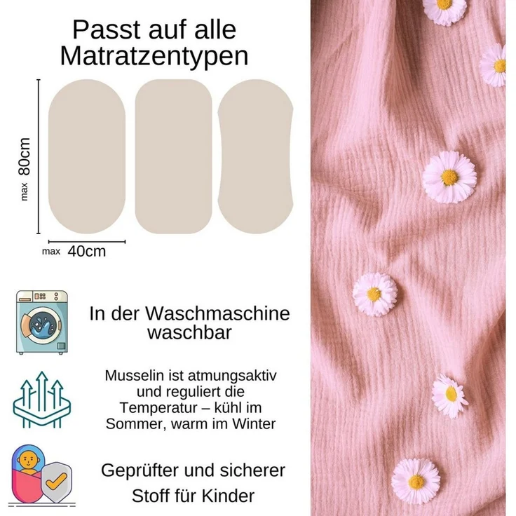 BabyLux Spannbettlaken Musselin Set – 3er Pack 40x80 cm für Kinderwagen Stubenwagen Babybett, Gummizug: ja, z15 Blau-Weiß-Grau – Bild 3