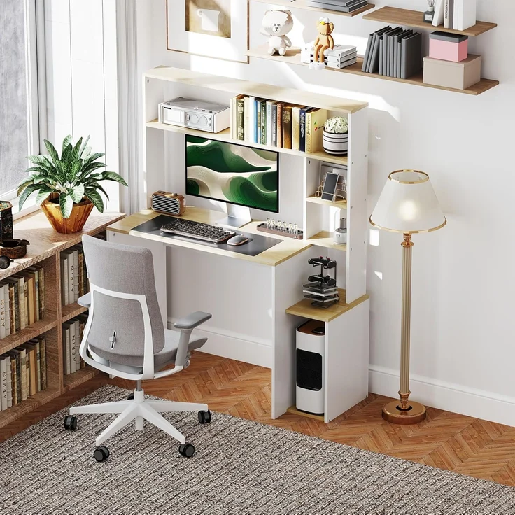 HOMCOM Computertisch mit offenen Regalen, CPU-Ständer, Stahlgestell (Schreibtisch, 1-St, Bürotisch), für Home Office, Schlafzimmer Eiche – Bild 7