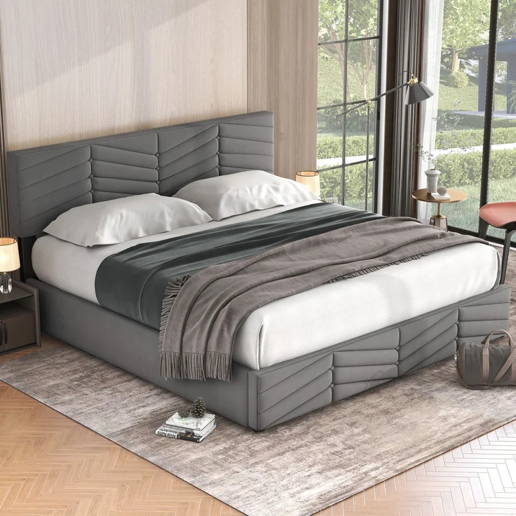 Novelux Polsterbett 180x200 cm mit Stauraum und Lattenrost – hydraulisches Samtbett in Grau, Doppelbett mit höhenverstellbarem Kopfteil – Bild 5