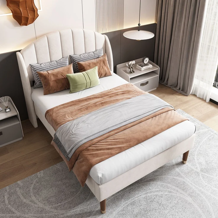 EINHOM Polsterbett 90 x 200 cm mit Lattenrost und Kopfteil, Jugendbett, Einzelbett, Holzlattenunterstützung, Einfache Montage, Samt, Beige, (Ohne Matratze) – Bild 3