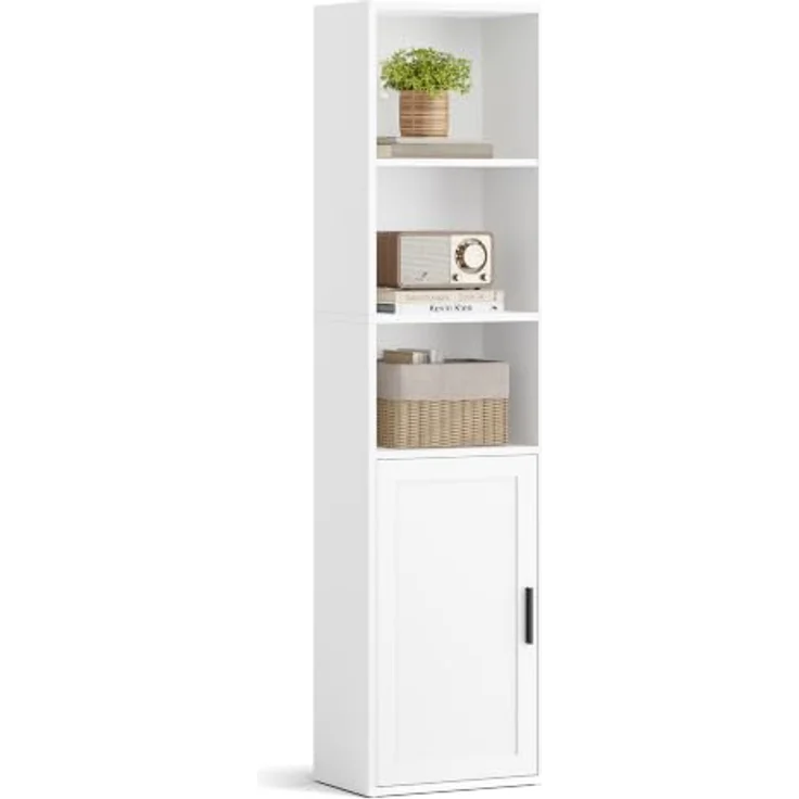 VASAGLE Bücherregal, 5-stöckiges Standregal mit Tür, 31.8 x 24 x 145.9 cm | Offenes Aufbewahrungsregal, für Wohnzimmer, Homeoffice, Esszimmer, Wolkenweiss, SIREN Kollektion LBC501WB01 – Bild 1