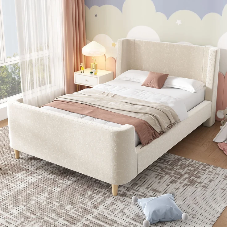 Kinderbett Schlittenbett, Samt mit Weltraum-Muster & Lattenrost, 99x212x76 cm, Beige, ohne Matratze – Bild 3