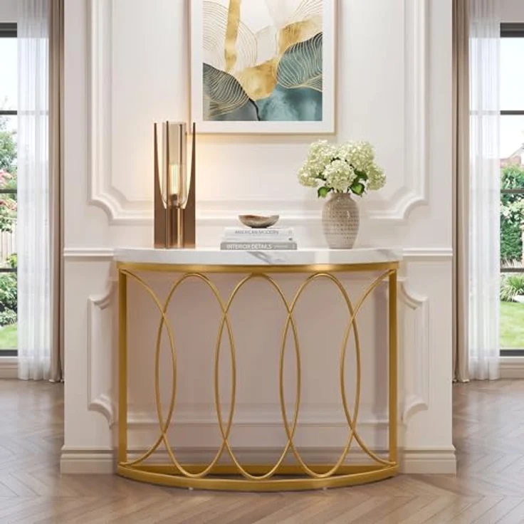 LITTLE TREE Half Moon Gold Konsolentisch, 109 cm, moderner Kunstmarmor-Eingangstisch, schmaler Halbkreis-Sofa-Akzenttisch mit geometrischem Metallrahmen für Wohnzimmer, Flur – Bild 5