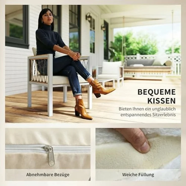 Outsunny Sitzgruppe mit Zweisitzer, 2 Sessel, Glastisch, Kissen, rutschfesten Matte, (Lounge-Set, 4-tlg, Gartenmöbel Set), für Garten Balkon Cremeweiß – Bild 4