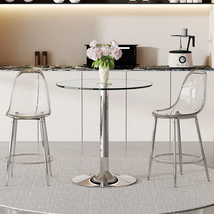 Flexibles Bar-Set: 89 cm Glastisch + 2 transparente Barhocker – speziell für europäische offene Küchen konzipiert. Silbern-metallenes Gestell mit bequemer Fußstütze, Flexibles Bar-Set: 89 cm Glastisch + 2 transparente Barhocker – speziell für europäisc... – Bild 5