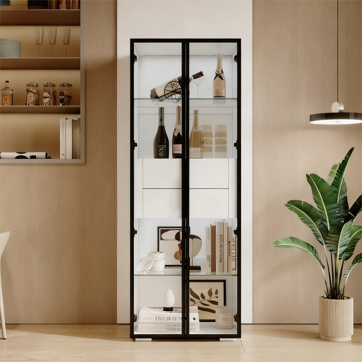 60*40*160cm Schrank,Vitrine Schranktür aus gehärtetem Glas,Vitrine Lagerschrank mit LED,2Glasboden,2Schubladen,Highboard,Wohnzimmerschrank,Aufbewahrungsschrank,Hochschrank,Sofaschrank,Weiß--Weiß + Schwarz--60x40x160cm--YOUDENOVA – Bild 2