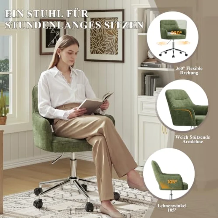 MALOL Drehstuhl Sessel Wohnzimmer höhenverstellbar, Moderner Relaxsessel Stuhl mit Rollen, 360° Drehsessel Schreibtisch Stuhl mit Armlehnen für Wohnzimmer, Schlafzimmer, Homeoffice, Grün – Bild 7