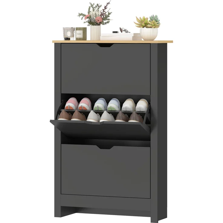 Schuhschrank mit 3 Klapptüren, 2 Fächern, Spanplatten, schwarz-Eiche – Bild 2