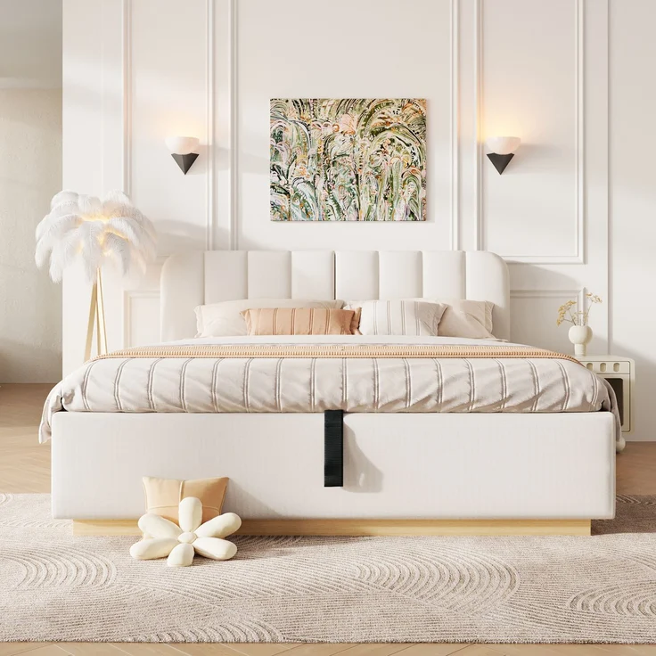 Polsterbett, Doppelbett, 140 x 200 cm, Bett mit Lattenrost, Kopfteil, Gepolstertes Kopfteil, Hydraulische Lagerung, Mit LED-Lichtleiste, Ohne Matratze, Beige Chenille – Bild 4