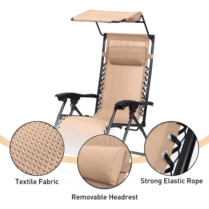 Todeco Liegestuhl klappbar mit Sonnenschutz, Sonnenstuhl mit abziehbare Kissen, Max Belastbarkeit 100kg, Strandliegestuhl leicht, Khaki – Bild 4