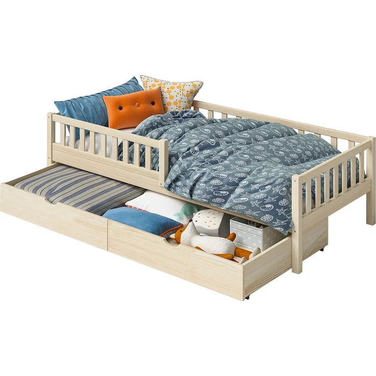 Bellabino 'Vils' Kinderbett 90x200 cm mit Matratze und großer Schublade, natur, Kiefer Massivholz, Montessori Bett mit Stauraum, mit abnehmbarem Rausfallschutz und Lattenrost – Bild 11