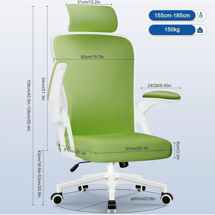Ergonomischer Bürostuhl mit verstellbarer Kopfstütze und Armlehnen, Grün, 150kg – Bild 2