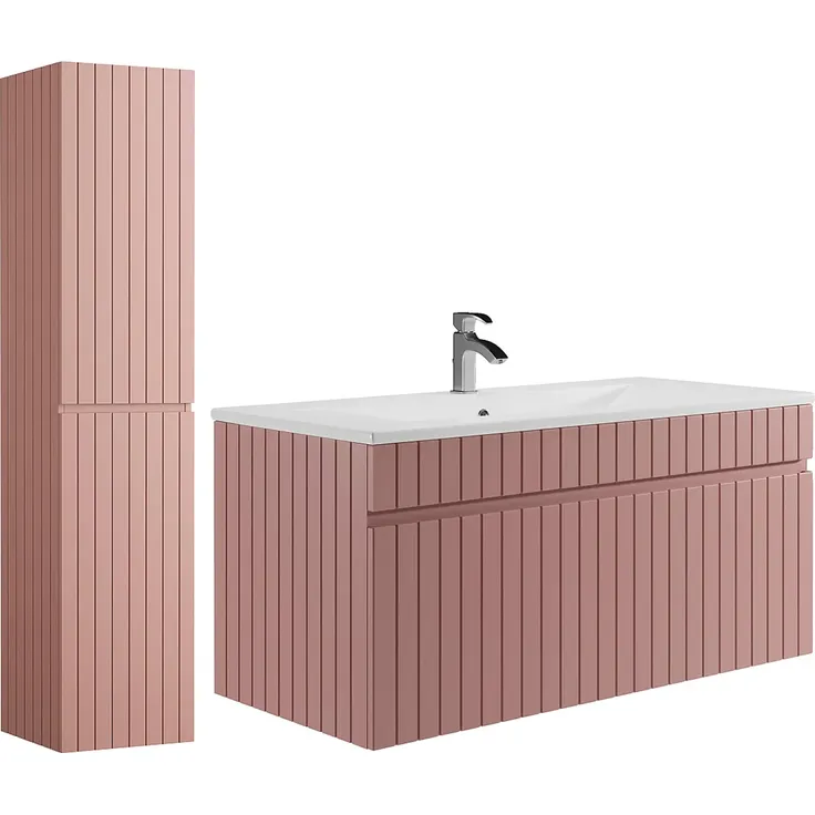 Vente-unique - Waschbeckenunterschrank hängend mit Ablagen & Einbauwaschbecken - Streifenoptik - Rosa - 100 cm - SATARA