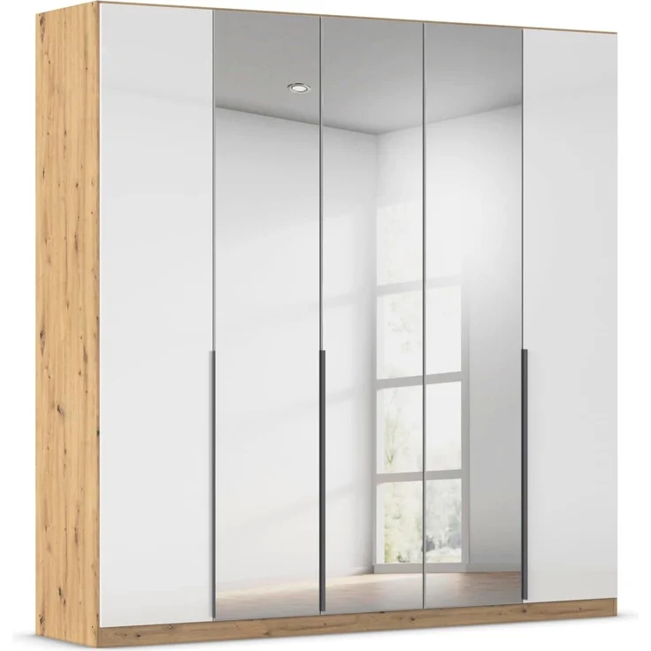 Rauch Möbel Alabama, Kleiderschrank, Garderobenschrank, 5-türig, Spiegel, Zubehör Classic, 3 Kleiderstangen, 9 Einlegeböden, Farbe Hochglanz Weiß/Eiche Artisan, Holz, Griff Grau metallic, 226 x 229 x 54 cm – Bild 1