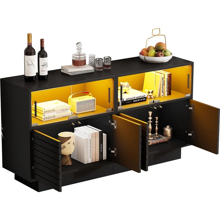 ZUBALIYA Sideboard 130x35x68 cm, mit LED-Beleuchtung, mit Glastüren, aus Spanplatte, Schwarz – Bild 22
