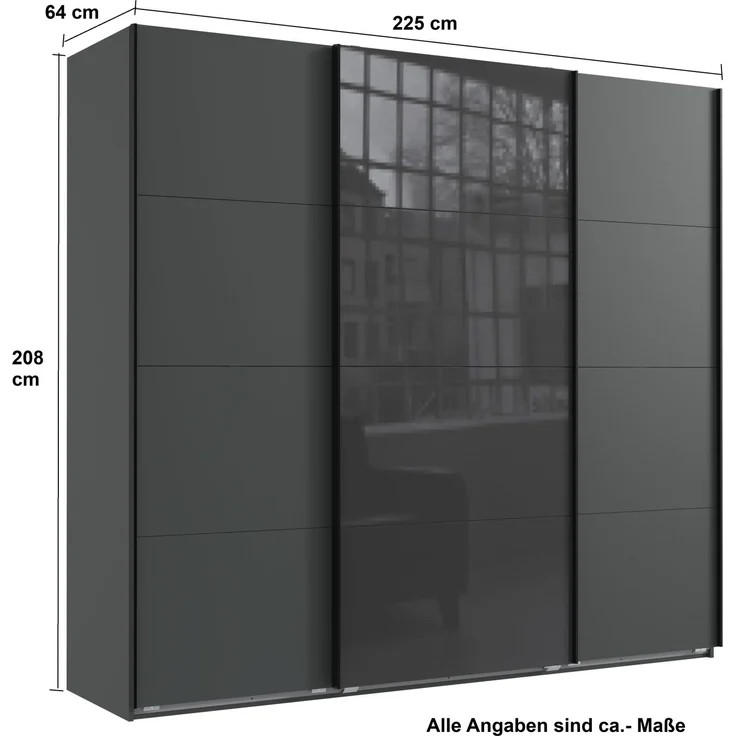 Schwebetürenschrank Kleiderschrank B225 cm H208 cm 3-trg. Grafit, 1x Tür Glas Grau – Bild 5