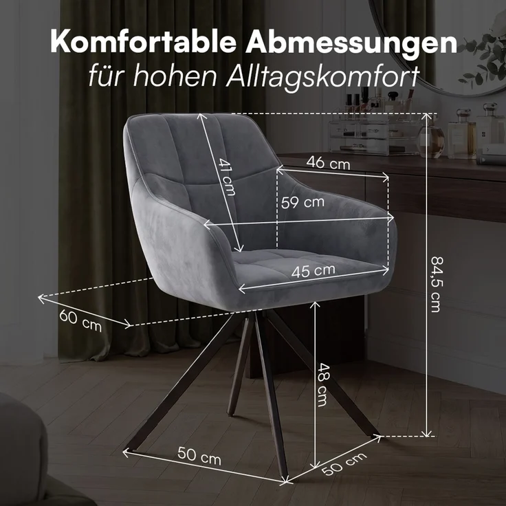 skølm 'Sköll' Esszimmerstühle, 2er Set, dunkelgrau, gepolstert mit Samt-Bezug, höhenverstellbar & drehbar, Polsterstühle mit Armlehnen, bis 150 kg belastbar – Bild 8