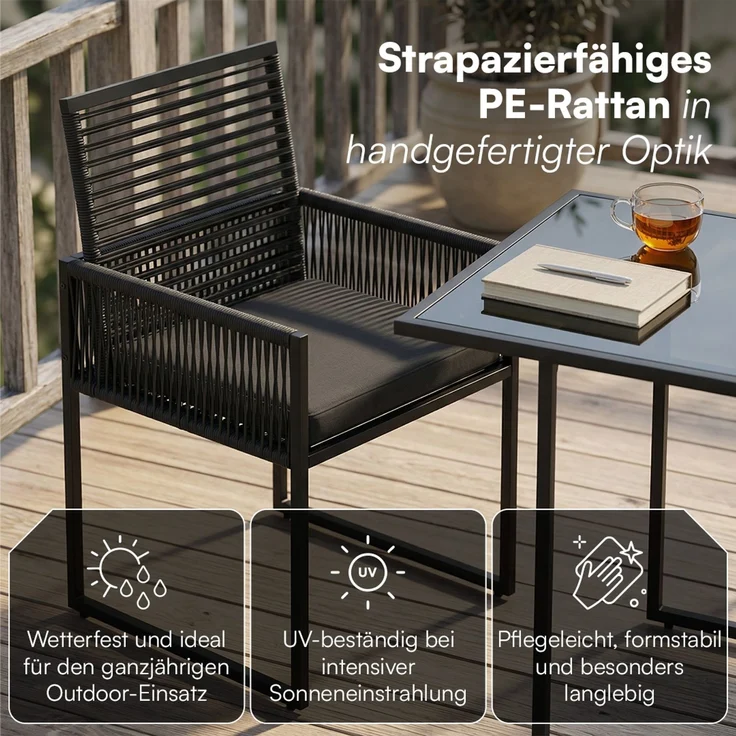 STEELSØN 'Kynaris' 3-tlg. Gartenmöbel-Set, Sitzgruppe aus 2 Polyrattan-Stühlen und Gartentisch, Metall, zusammenklappbar, schwarz/anthrazit, wetterfest – Bild 4