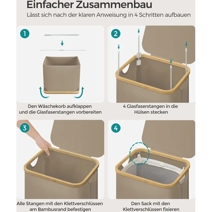 SONGMICS Wäschekorb mit Deckel und herausnehmbarem Wäschesack, zusammenklappbar, Bambus / Oxford-Gewebe kamelbraun, 90 l – Bild 4