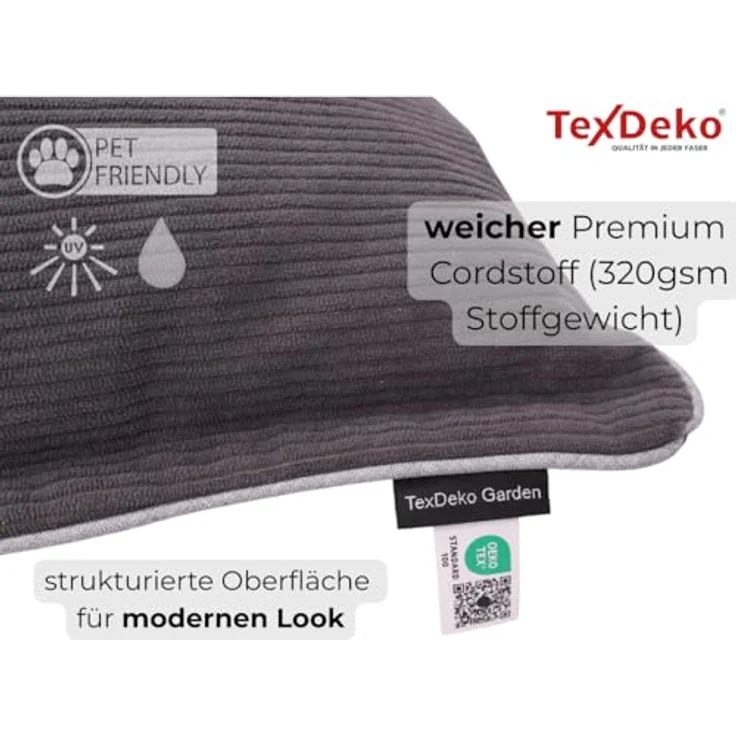 TexDeko® Cord Palettenkissen 120x80x18 cm, 3-TLG Set, anthrazit, wasserabweisend, UV-beständig, kratzresistent, waschbarer Bezug – Bild 3