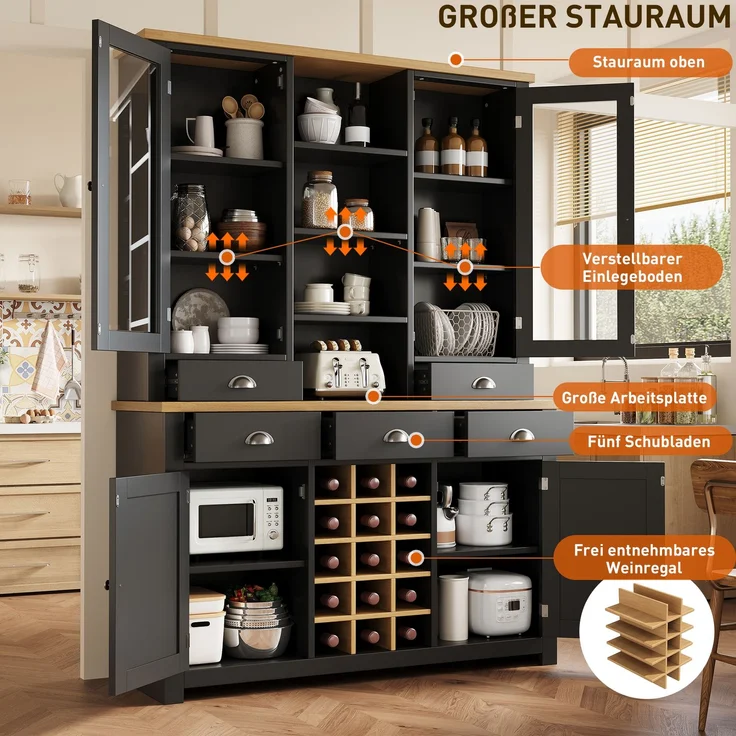 Merax Mehrzweck-Hochschrank für Zuhause mit Kippschutz, Standschrank für Küche und Wohnzimmer mit Glastür, Metallgriffen und Soft-Close-Funktion, herausnehmbares Weinregal, Schwarz – Bild 7