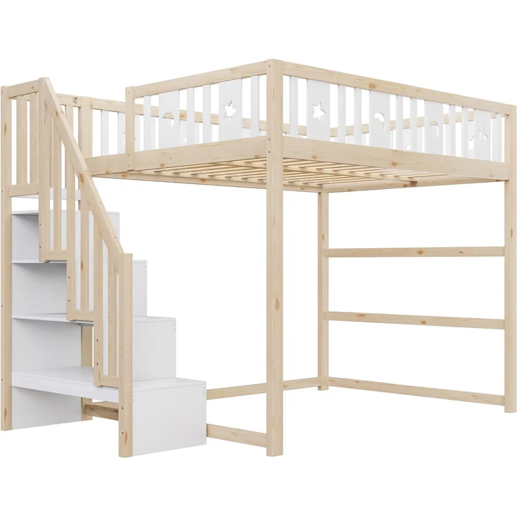 Merax Hochbett, Etagenbett für Kinder 140x200 mit Treppe, Kinderbett Aus Massivholz mit Sicherheitsgeländer, Weiß+Natur – Bild 9