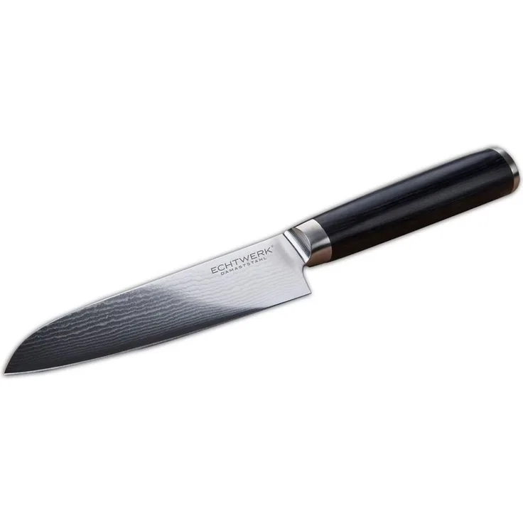 ECHTWERK Damastmesser, kleines Santokumesser, traditionelles japanisches Messer, Kochmesser, Küchenmesser, scharfe Klinge für präzise Schnitte von Fleisch, Fisch & Gemüse, Klinge ca. 13cm, Holzgriff