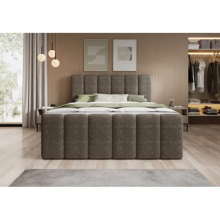thematys Boxbett mit Bettkasten 180x200cm, mit Bonnellfederkernmatratze H3, Bouclé/Velours, mit Stauraum, mit 3 cm Topper, Taupe (Fredo 05) – Bild 2