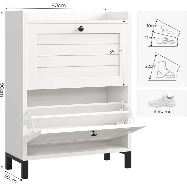 MSMASK Schuhschrank mit 2 Klappen, Verstellbare Böden für Flur, Eingangsbereich, Weiß (1-St) 30T x 80B x 90H cm, Weiß, Verstellbare Trennwände – Bild 2