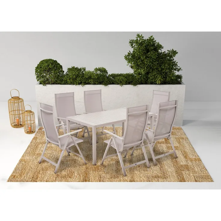 KONIFERA Garten-Essgruppe Messina, (Set, 7-tlg, 6x Sessel, 1x Tisch 160x90x74 cm, Aluminium, Textilgewebe), klappbar, 7-fach verstellbare Rückenlehne, Tischplatte aus Alulatten