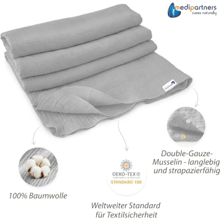 Medi Partners Musselin Babydecke 75x100cm Baby Decke Musselindecke Neugeborenen - dünne dünne Kuscheldecke Sommer Babydecken für Kleinkinder Krabbeldecke Kinderbett Kinderwagen (Grau) – Bild 4