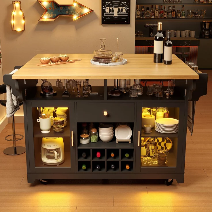 Servierwagen B 120 x T 40/80 x H 95 cm, ausklappbar mit RGB-LED, MDF und Metall – Bild 4