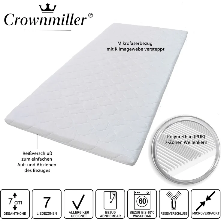 Crownmiller Topper Basic 120x200cm mittel, 7 cm Topper mit 7 Zonen, Bezug waschbar bis 60°C – Bild 1