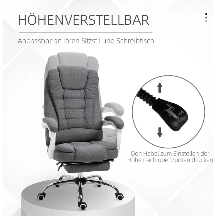 Vinsetto Bürostuhl, Eisen, Leinen, Schaumstoff, Nylon, Grau, 65L x 70B x 110-118H cm – Bild 6