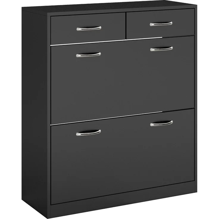 Schuhschrank mit 2 Schubladen und 2 Klapptüren, mit verstellbarem Einlegeboden, Aluminiumgriffe. 80 x 30 x 91,5 cm, Schwarz – Bild 2